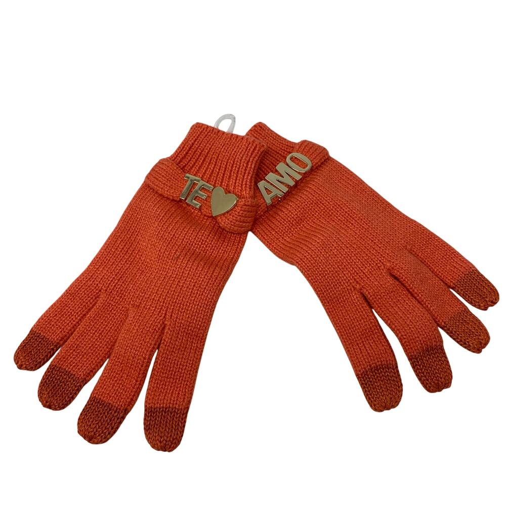 BCBGeneration Knit Gloves Womens One Size Orange Te Amo Gold Tone Metal Detail